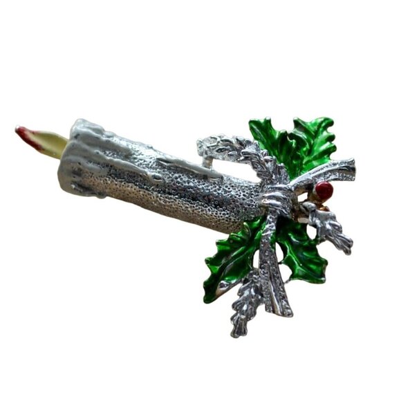 Gerry’s Silver Tone Christmas Candle Brooch Enamel Holly Berry Holiday Pin - Picture 2 of 6